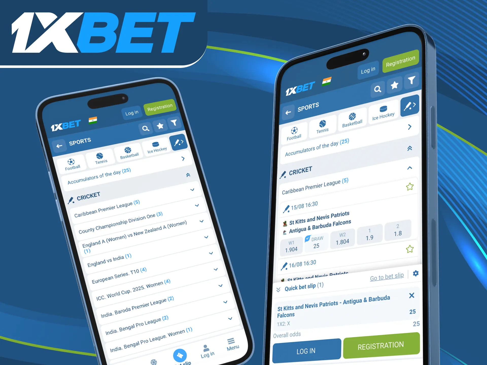 Login to the 1xbet online casino app and place bets on cricket.